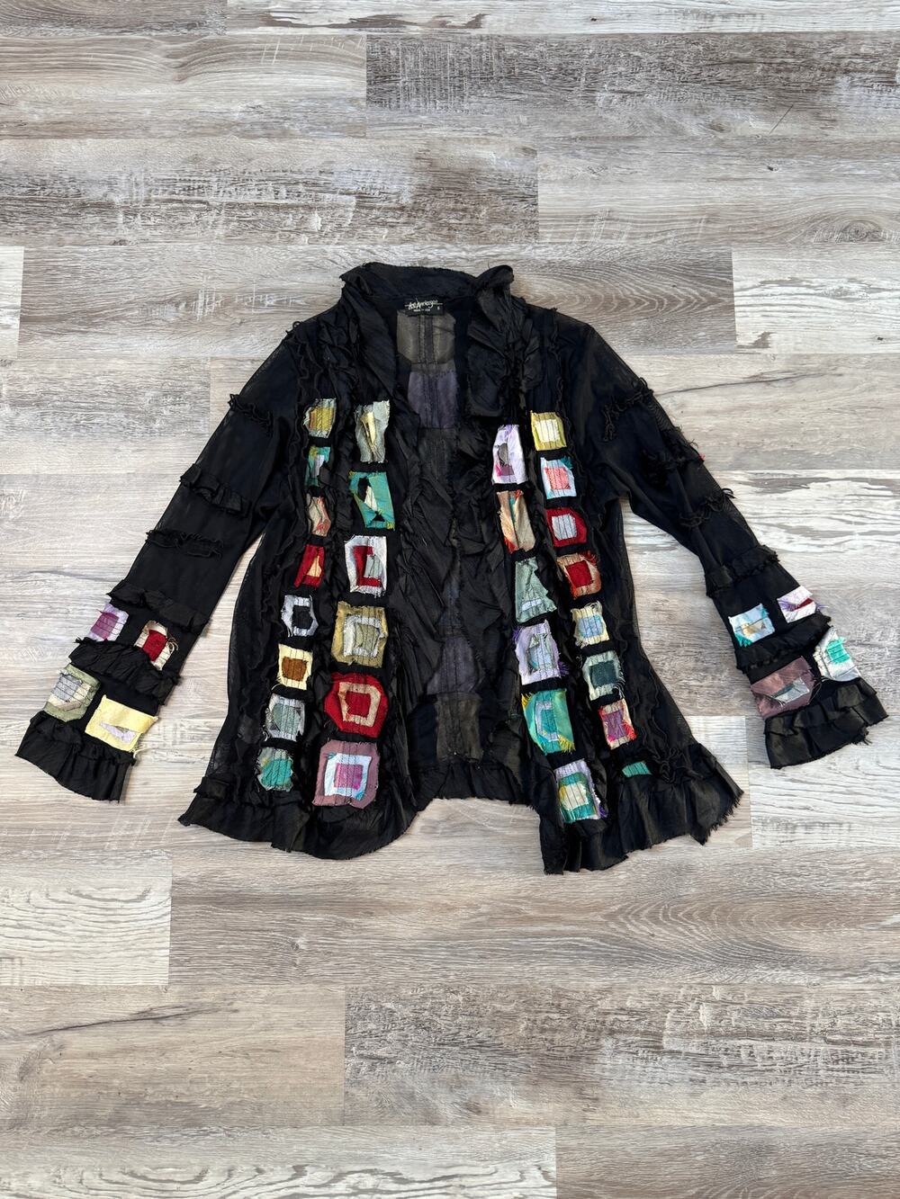 Vintage Lee Andersen 95% Silk Patchwork Ruffle Jacket Art to Wear Lagenlook S